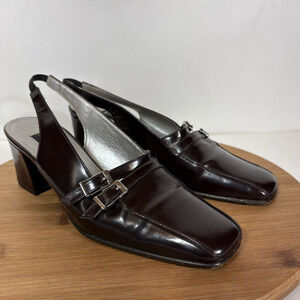 Mocha Brown Slingback Shoes Square Toe Leather Block Heel Kenneth Cole 7.5